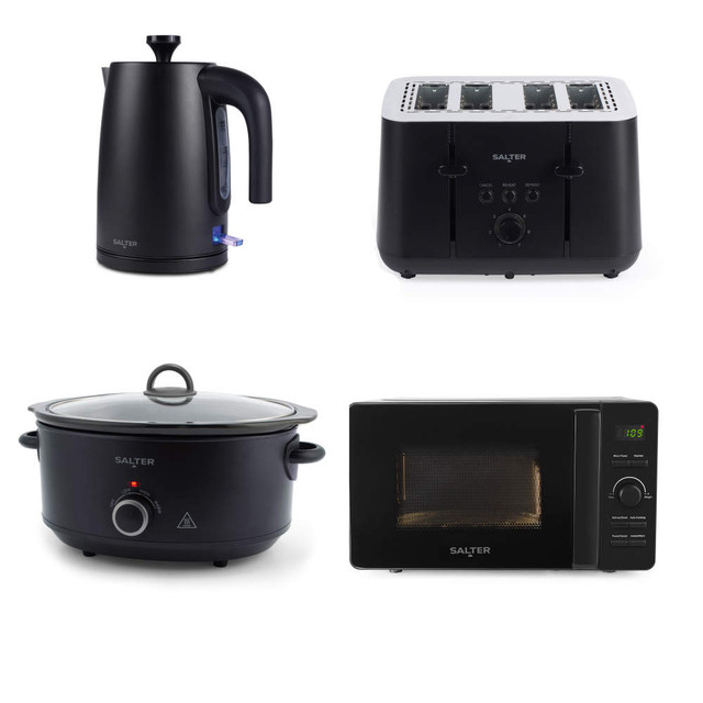 Set of four black Salter kitchen appliances: kettle, toaster, slow cooker, and microwave