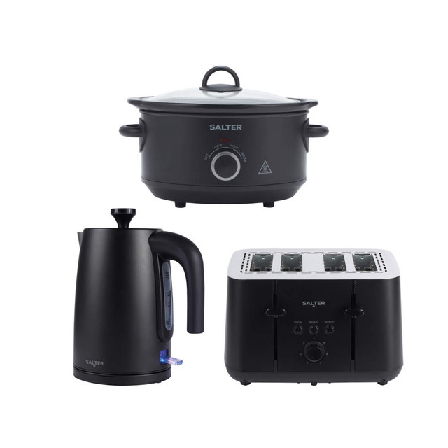 Salter black kitchen set with slow cooker, kettle and four-slice toaster