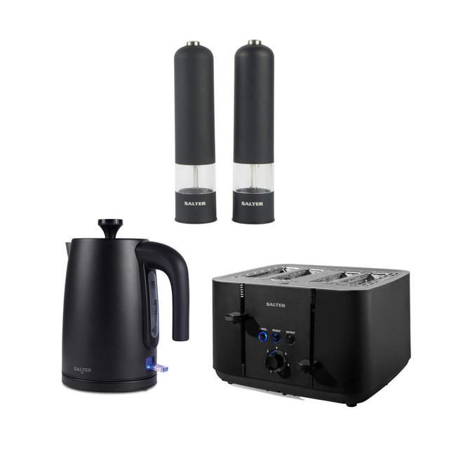 Salter matte black kettle, 4-slice toaster, and salt and pepper mills set.