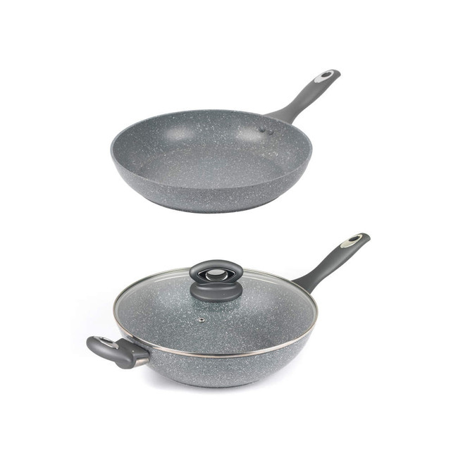 Two-piece grey non-stick frying pan set, one with glass lid, shown on white background