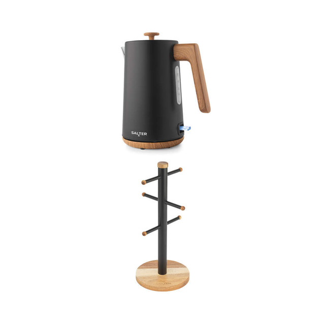 Toronto Kettle & Mug Tree Set – Matt Black/Wooden Accents