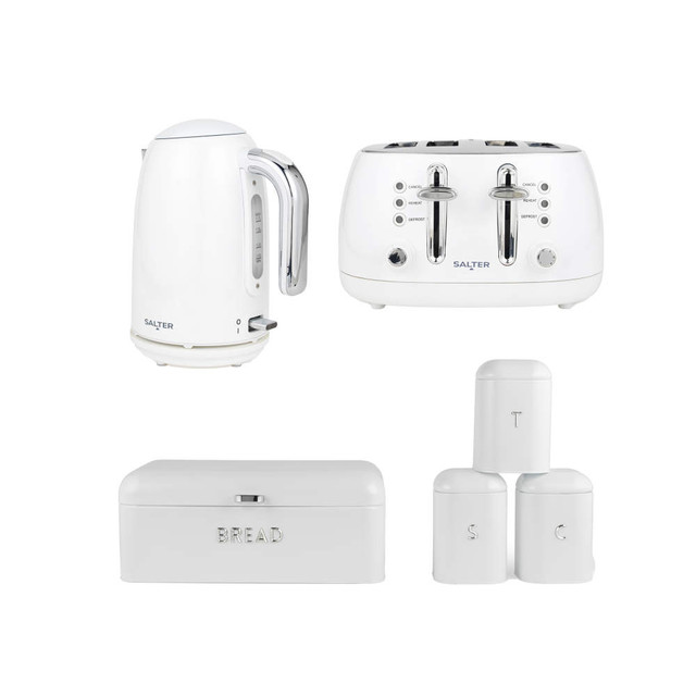 White Salter kettle, four-slice toaster, bread bin and tea, coffee, sugar canisters set