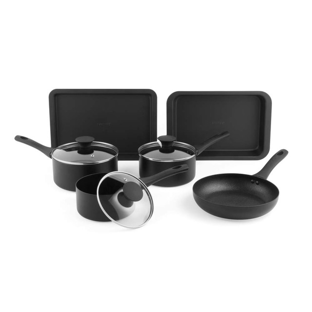 Black non-stick cookware set with three lidded saucepans, frying pan and two baking trays