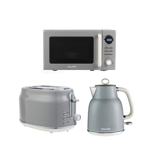 Retro Grey Kettle, 2-Slice Toaster & Microwave Set