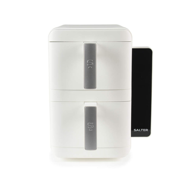 White dual basket air fryer, front view, Salter branding on right panel
