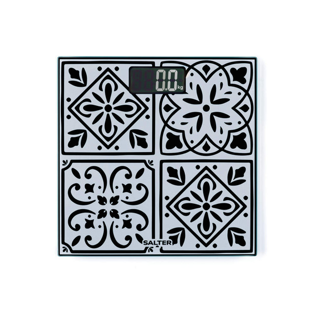Salter Tangier Tile electronic scale packaging with Mediterranean pattern