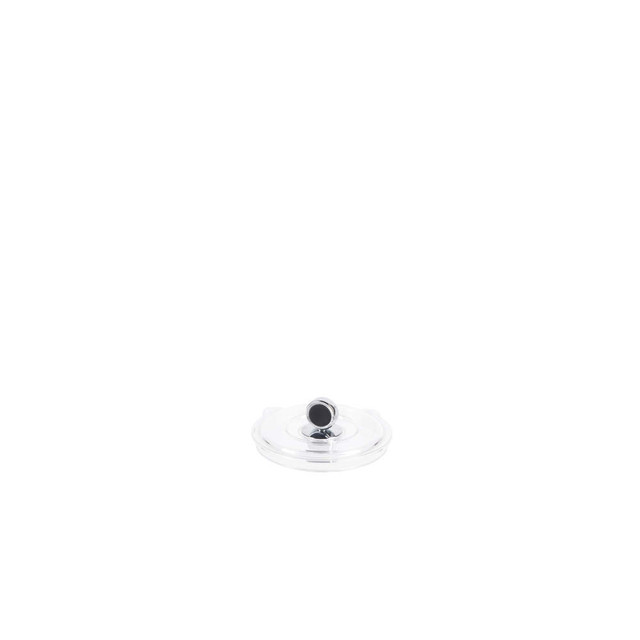Clear plastic travel mug lid with black locking slider, shown flat on white background