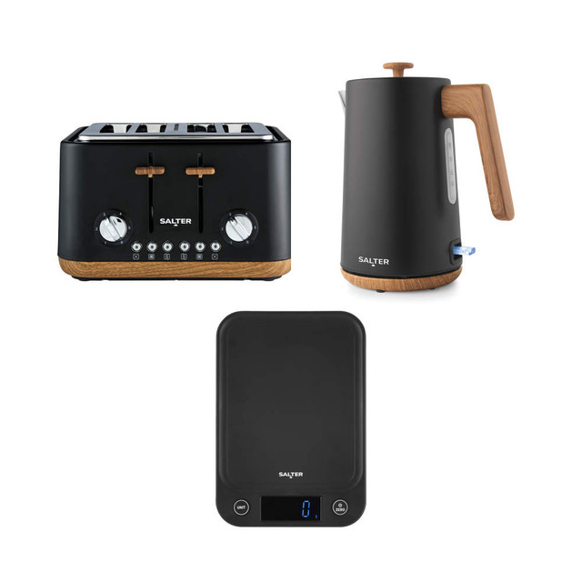 Black and wood finish toaster, kettle, and digital kitchen scale set