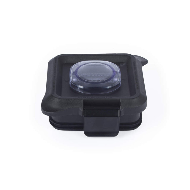 Black square food container with clear airtight vented lid, shown from top angle