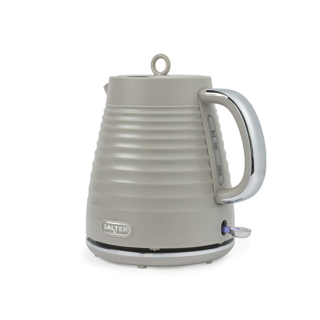 Taupe ribbed electric kettle with chrome handle, shown upright on white background.