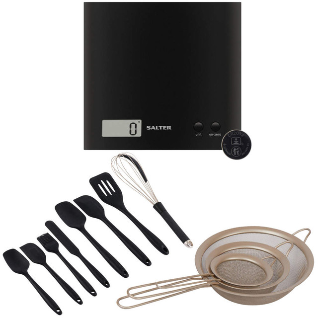 Kitchen utensil set with digital black scale, whisks, spatulas and sieves