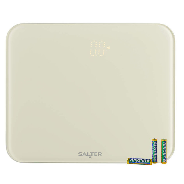 Digital bathroom scale in cream with Salter branding, supplied with three alkaline batteries