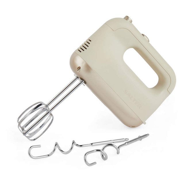 Cream hand mixer with beaters and dough hooks shown