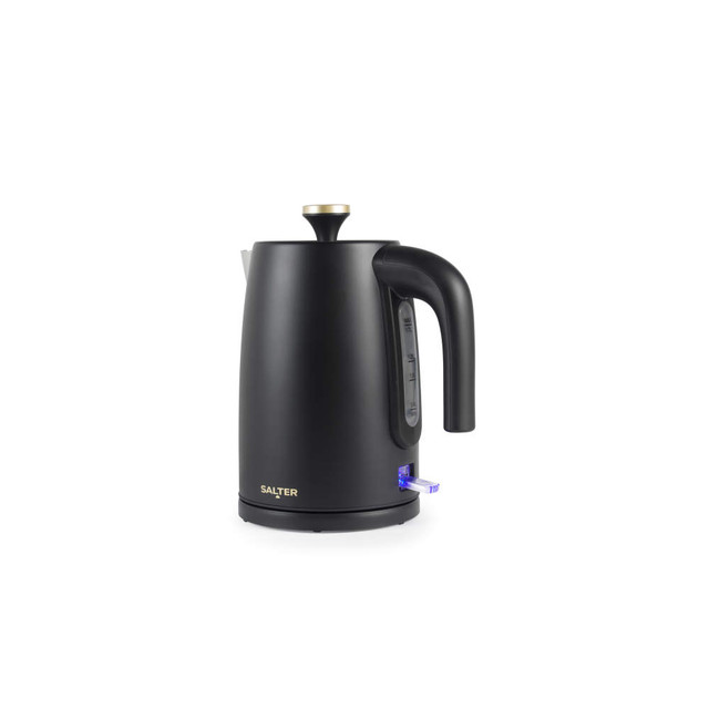 Black and gold electric kettle with side water gauge, shown upright on white background
