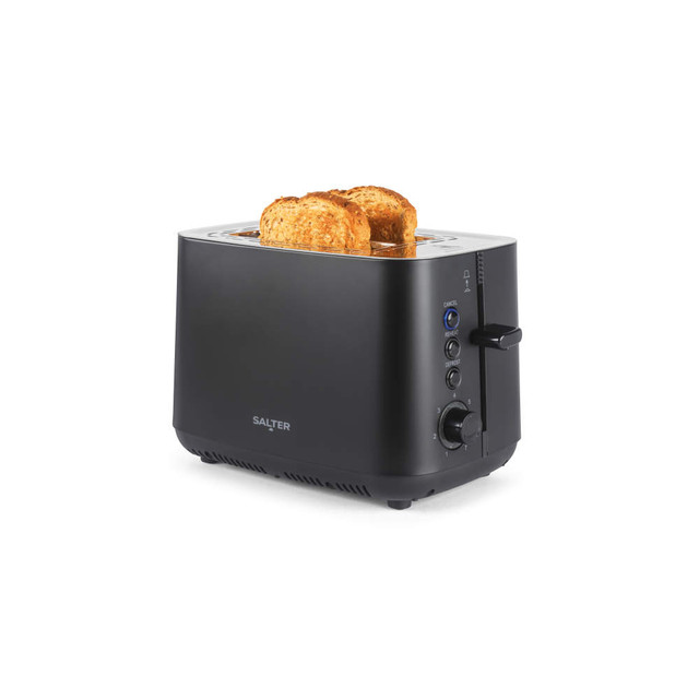 Black 2-slice toaster with toast, Salter controls visible