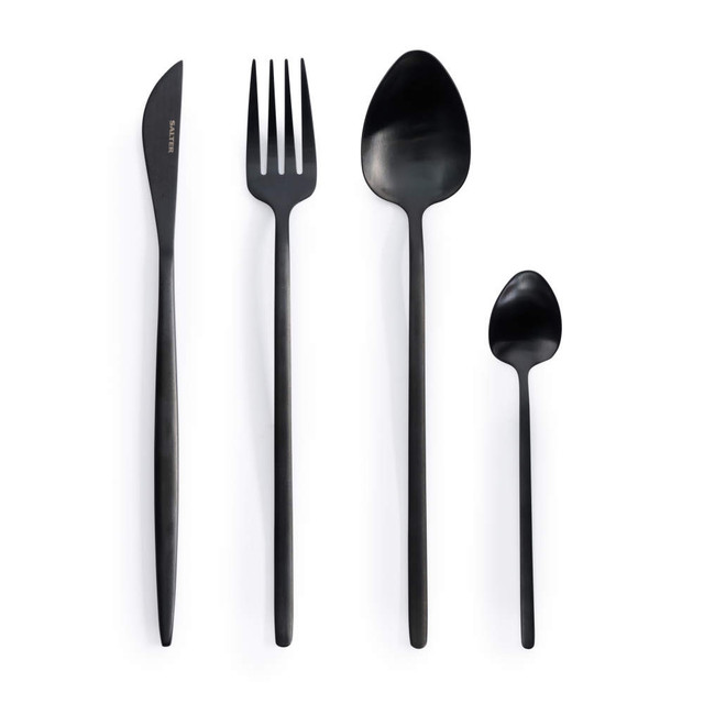 Set of four black stainless steel cutlery pieces: knife, fork, tablespoon, teaspoon.