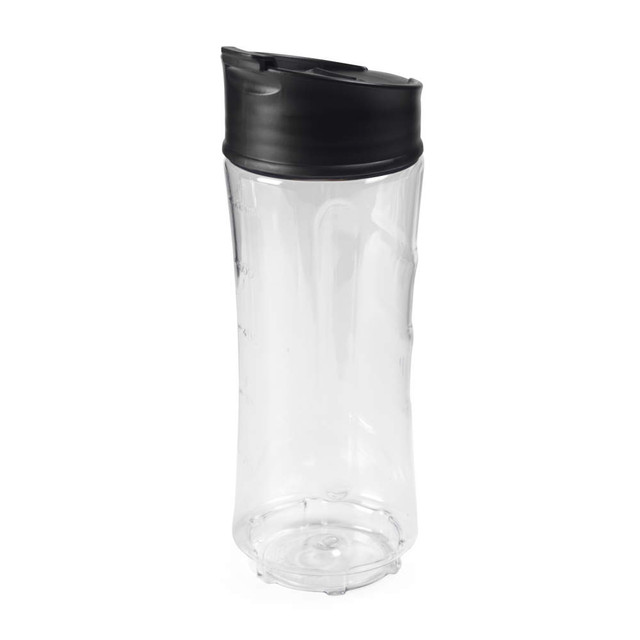 Clear plastic drinks bottle with black lid, shown upright on white background