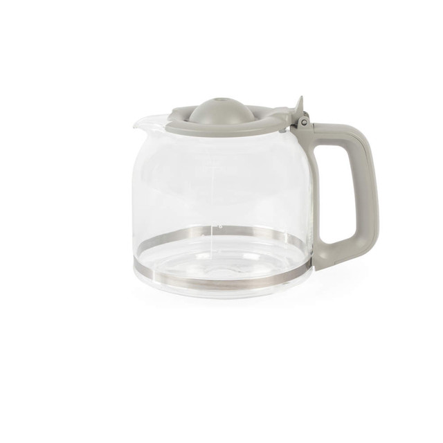 Grey plastic and glass coffee carafe with handle, shown empty
