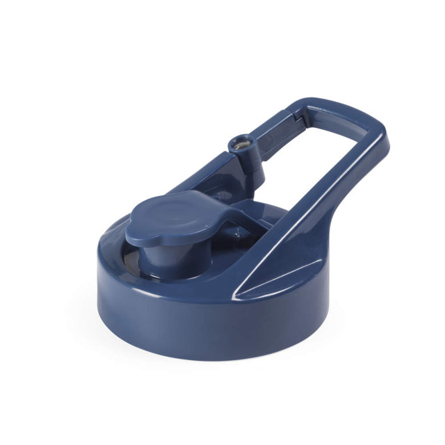 Blue plastic water bottle lid with carry handle, shown from the side.