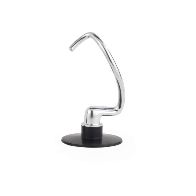 Stainless steel dough hook mixer attachment with black base, side view