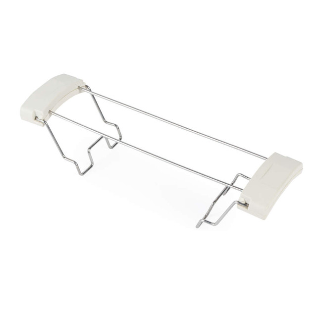 Extendable white and chrome pan divider for kitchen drawer organisation
