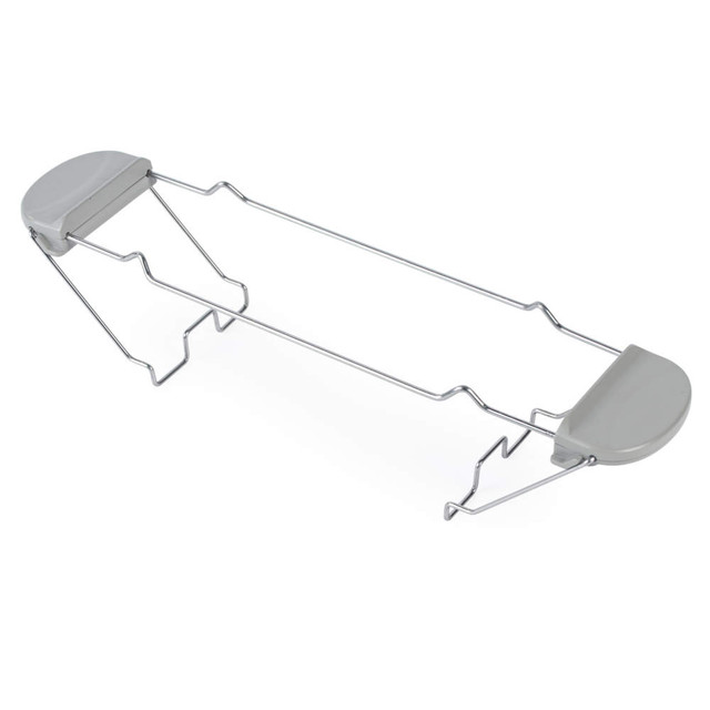 Expandable grey and chrome shelf organiser, shown angled on white background