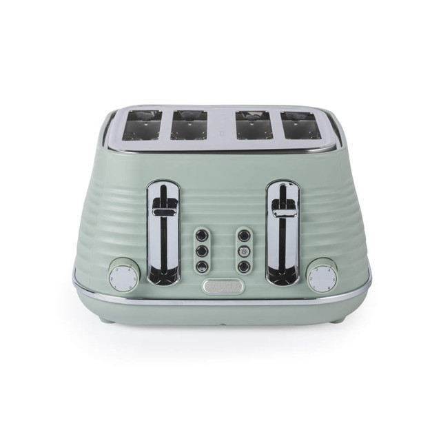 Sage green 4-slice toaster with chrome controls, shown from the front.