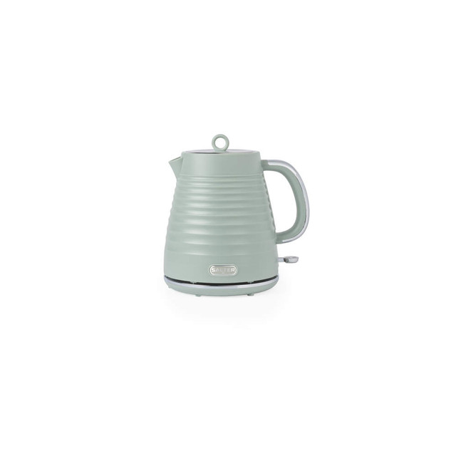 Sage green cordless electric kettle with ribbed body and handle, Salter logo on base