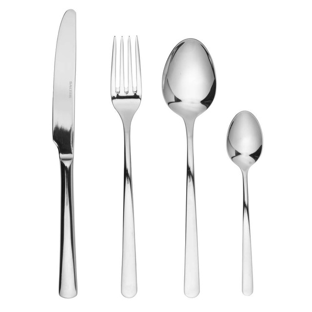 Set of four stainless steel cutlery pieces: knife, fork, tablespoon, teaspoon.