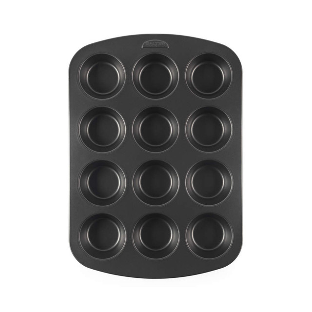 12-cup non-stick muffin tray, dark grey, top view