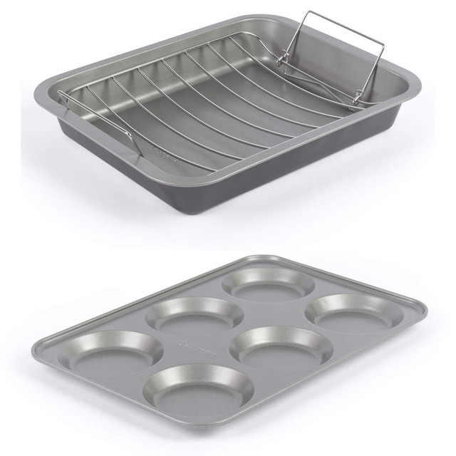 Set of non-stick metal bakeware: roasting tin with rack and 6-cup muffin tray