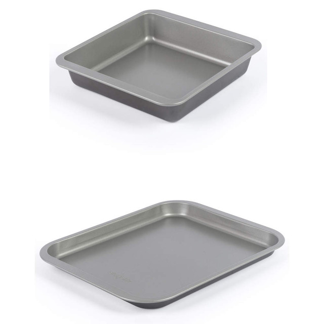 Set of two non-stick baking trays, square and rectangular, shown angled on white background