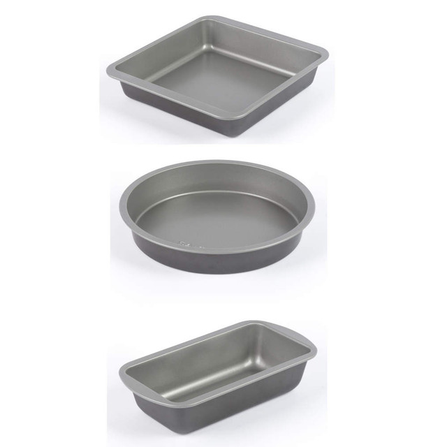 Set of three non-stick baking tins: one square, one round, and one loaf pan.