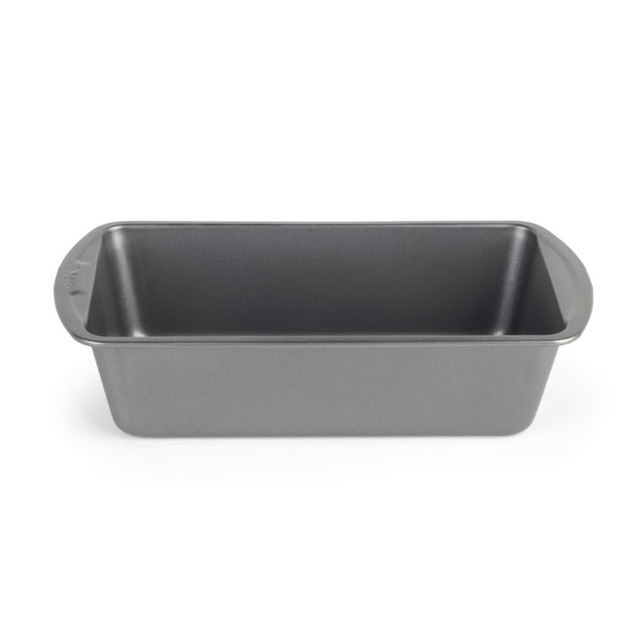 Grey non-stick loaf tin, viewed from above, suitable for baking bread or cakes