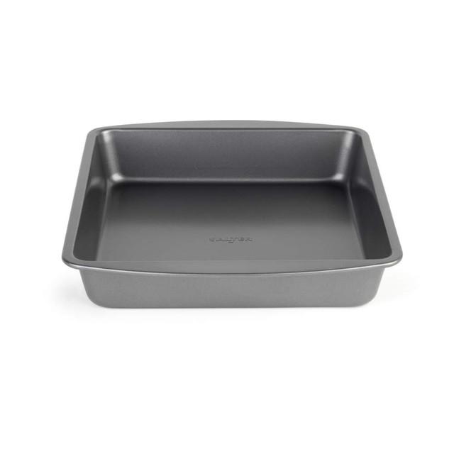Grey non-stick square baking tray, shown empty from above.