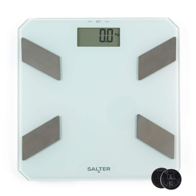White digital bathroom scale with silver foot pads, LCD display showing 0.0 kg