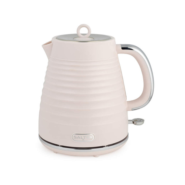 Electric kettle in pale pink with metal handle and Salter badge, shown front facing
