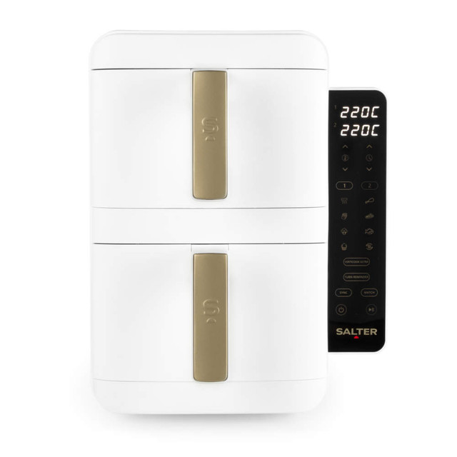 White and gold dual basket air fryer with digital display, shown front view