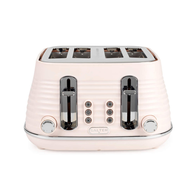 Salter 4-slice pink toaster, ribbed design, front view with controls visible