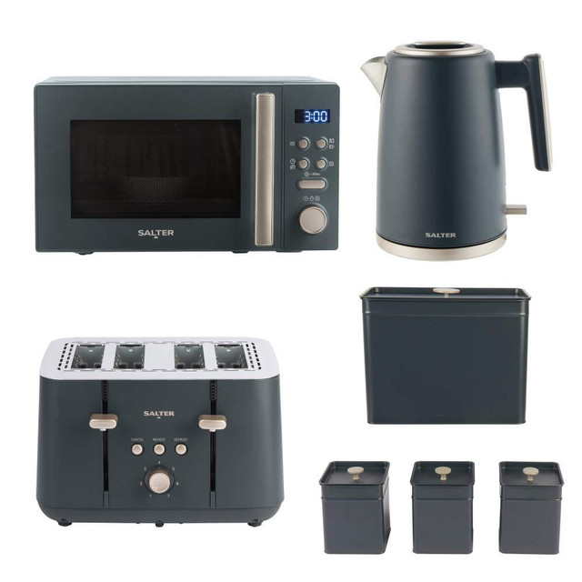 Marino Kettle, 4 Slice Toaster & Microwave Set - with Canisters & Bread Bin - Blue /Grey 