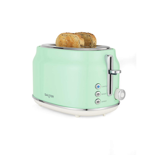 Green Salter toaster with two slices of multigrain bread, front view