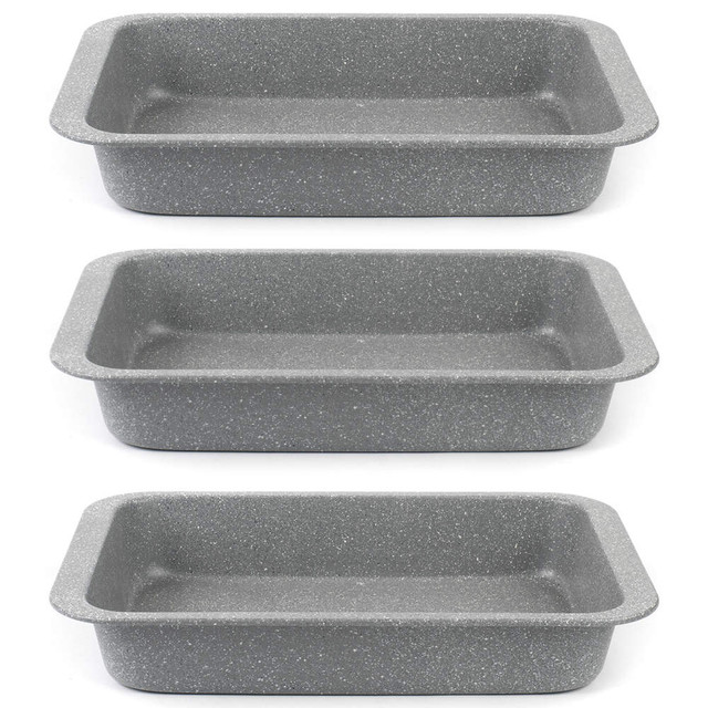Set of three grey speckled non-stick roasting tins, rectangular, shown stacked side by side.