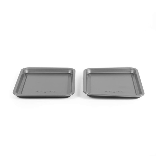 Set of two grey non-stick baking trays, shown from above