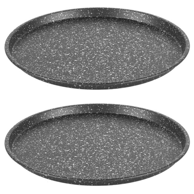 Set of two round black oven trays with white speckle finish