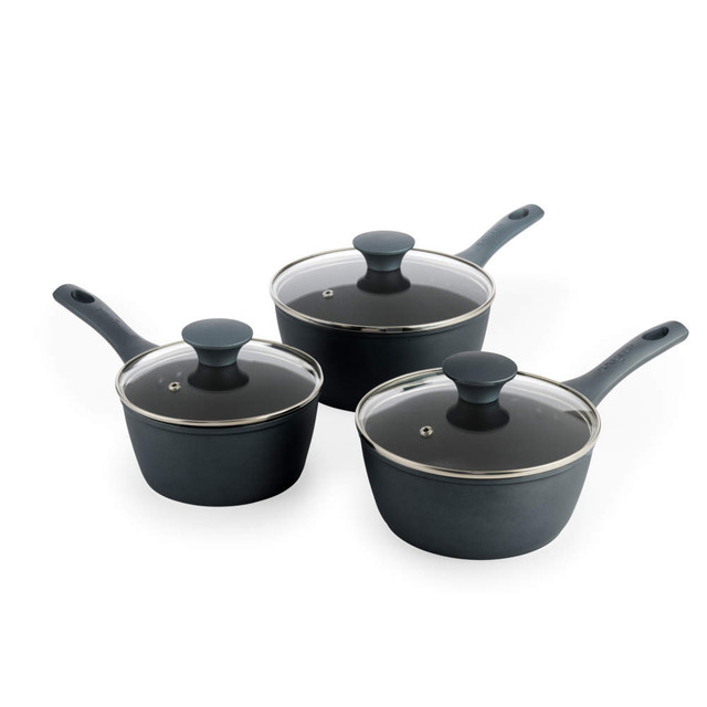Set of three grey saucepans with glass lids, shown for product listing