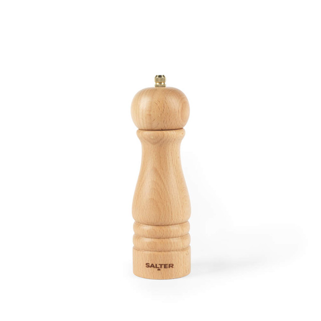 Wooden salt or pepper mill with natural finish, Salter branding at the base