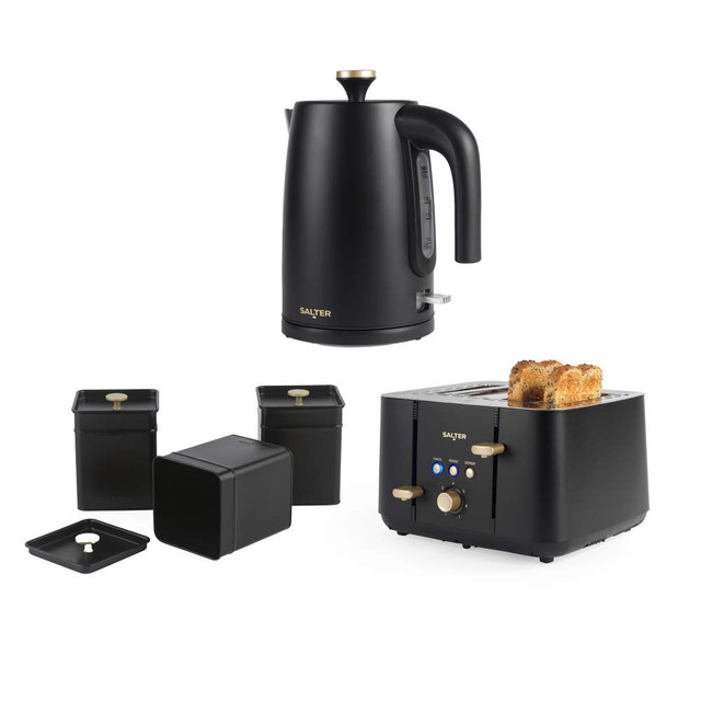Black kettle, toaster with toast, and three storage canisters set on white background