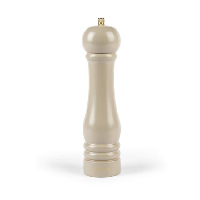Beige wooden pepper mill with gold knob, shown upright on white background