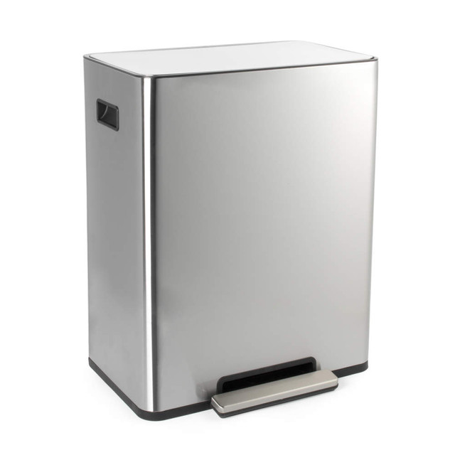 Rectangular silver pedal bin with side handles, shown from front angle.