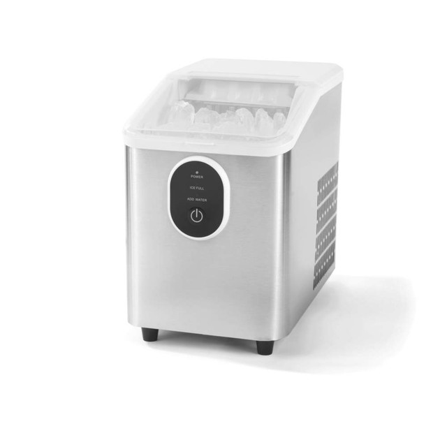 Countertop silver ice maker with ice cubes in tray, front view